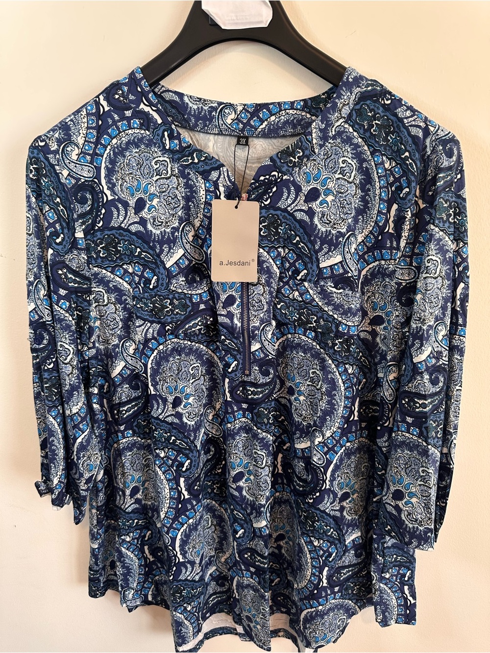 Navy Blue Paisley Women's Tunic Top zip front 3/4 sleeve 3X